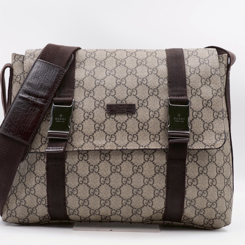 Gucci Double Buckle GG Messenger  Bag with Brown Trim